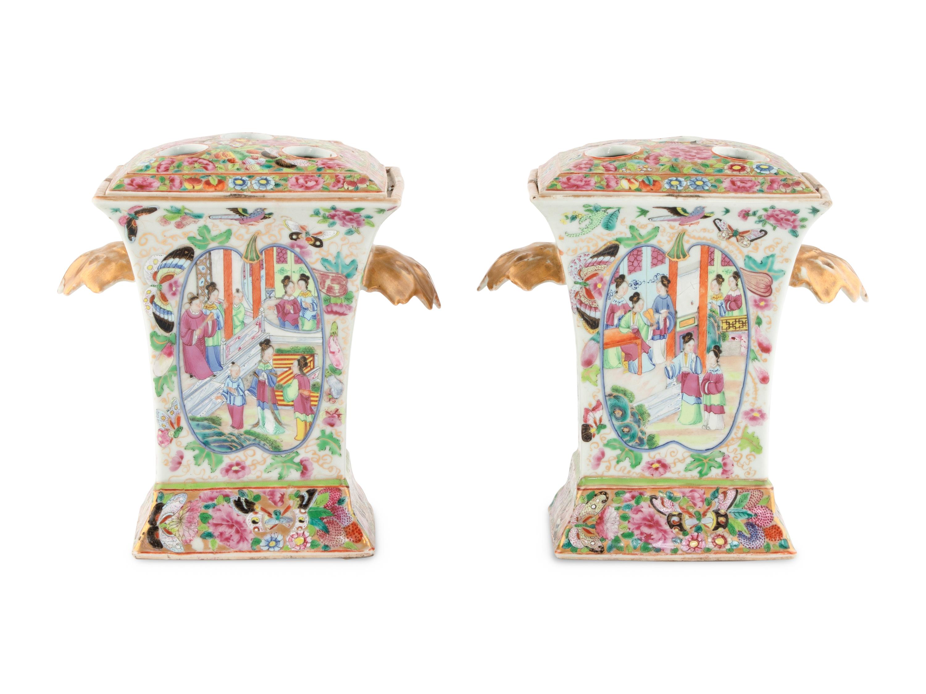 A Pair of Chinese Export Rose Medallion Covered Flower Vases