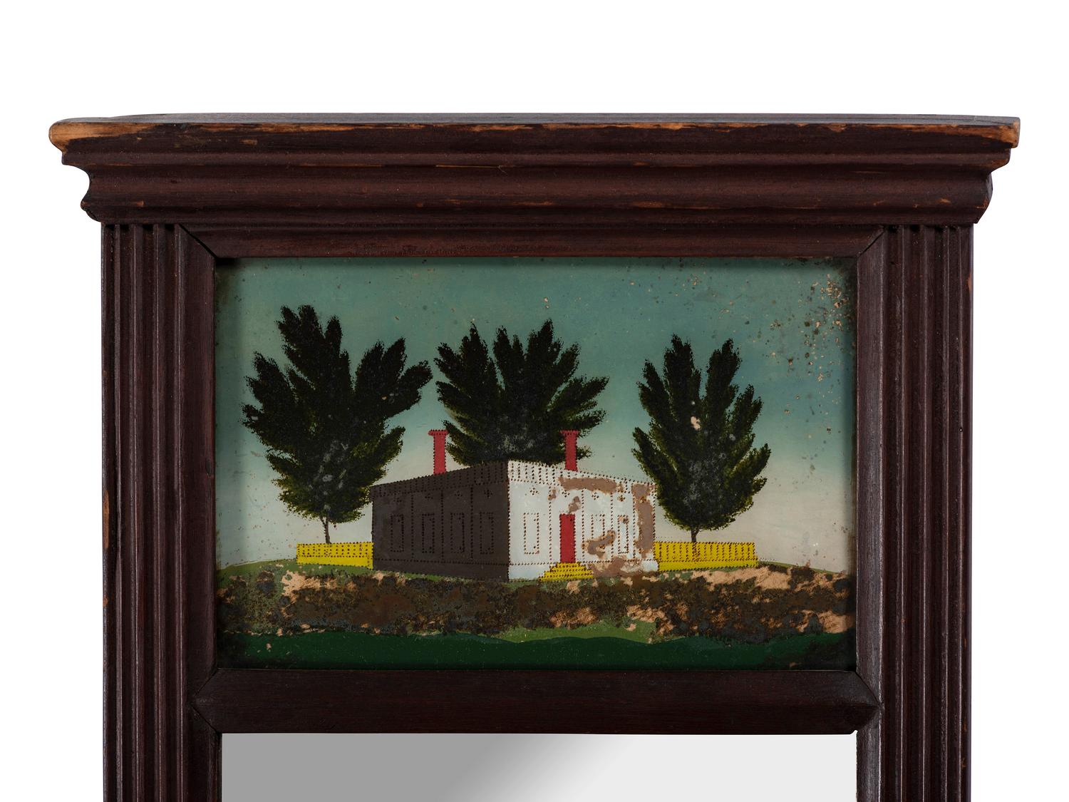 A Classical Reverse Painted Panel Inset Looking Glass