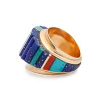 14k Gold with Turquoise, Lapis, and Coral Cobblestone Inlay Ring Lot is located and will ship from Denver, Colorado