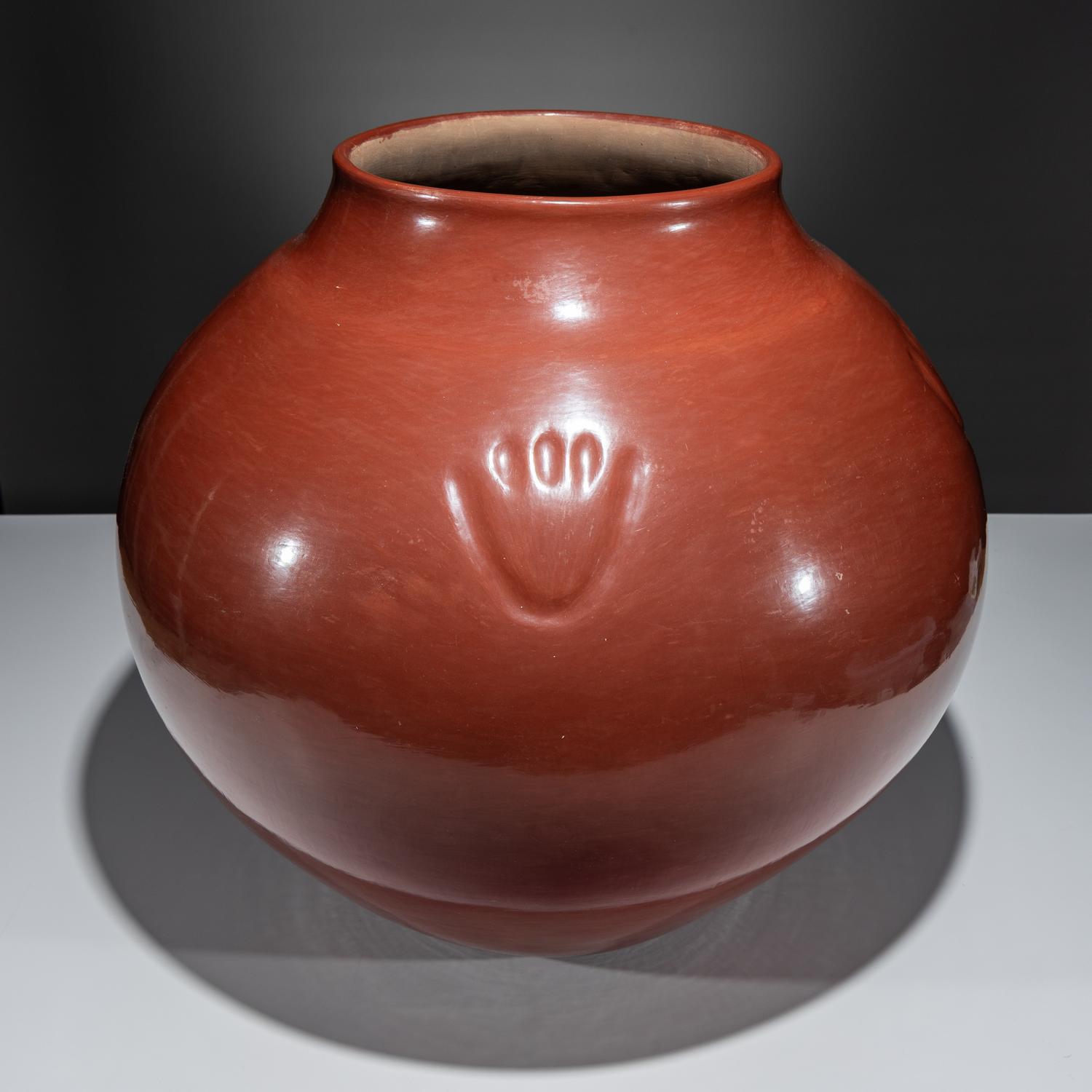 Monumental Redware Pottery Jar, with Bear Paw