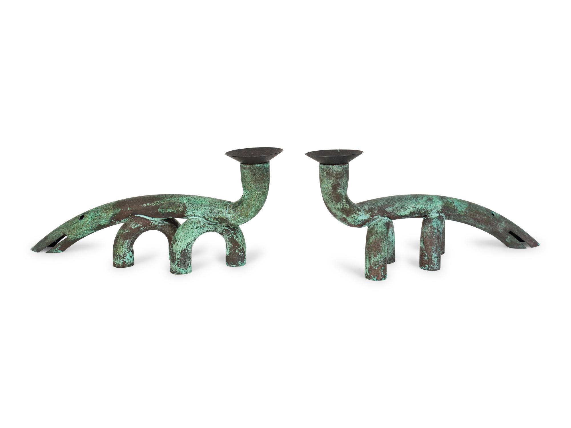 A Pair of Copper Craft Anteater Candlesticks by Jonathan G. Bonner (American, b. 1947)