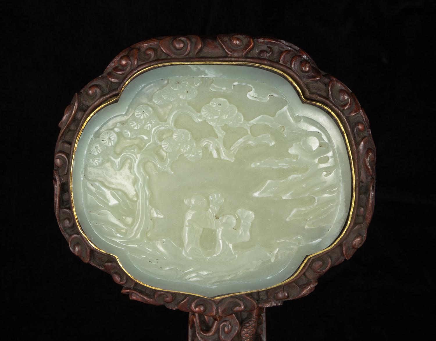 A Celadon Jade Inset Rosewood Ruyi Scepter Length 18 3/4 inches. — QING DYNASTY
