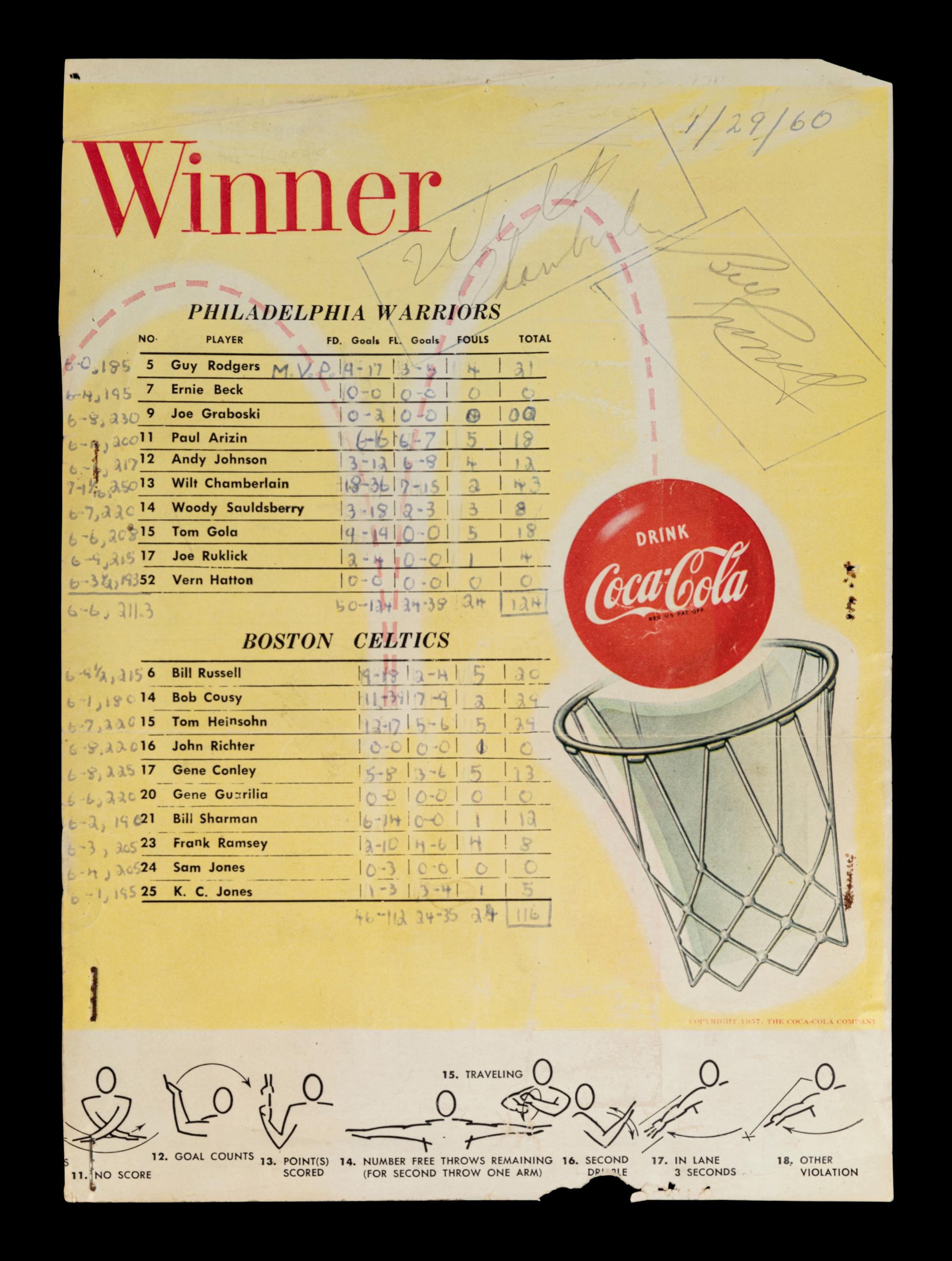 A Rare Vintage Wilt Chamberlain and Bill Russell Signed Autograph 1960 Philadelphia Warriors vs Boston Celtics Scorecard (BAS Beckett Authentication Services Certified),