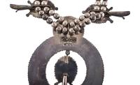 Navajo or Zuni Sterling Silver and Turquoise Cluster Squash Blossom Necklace