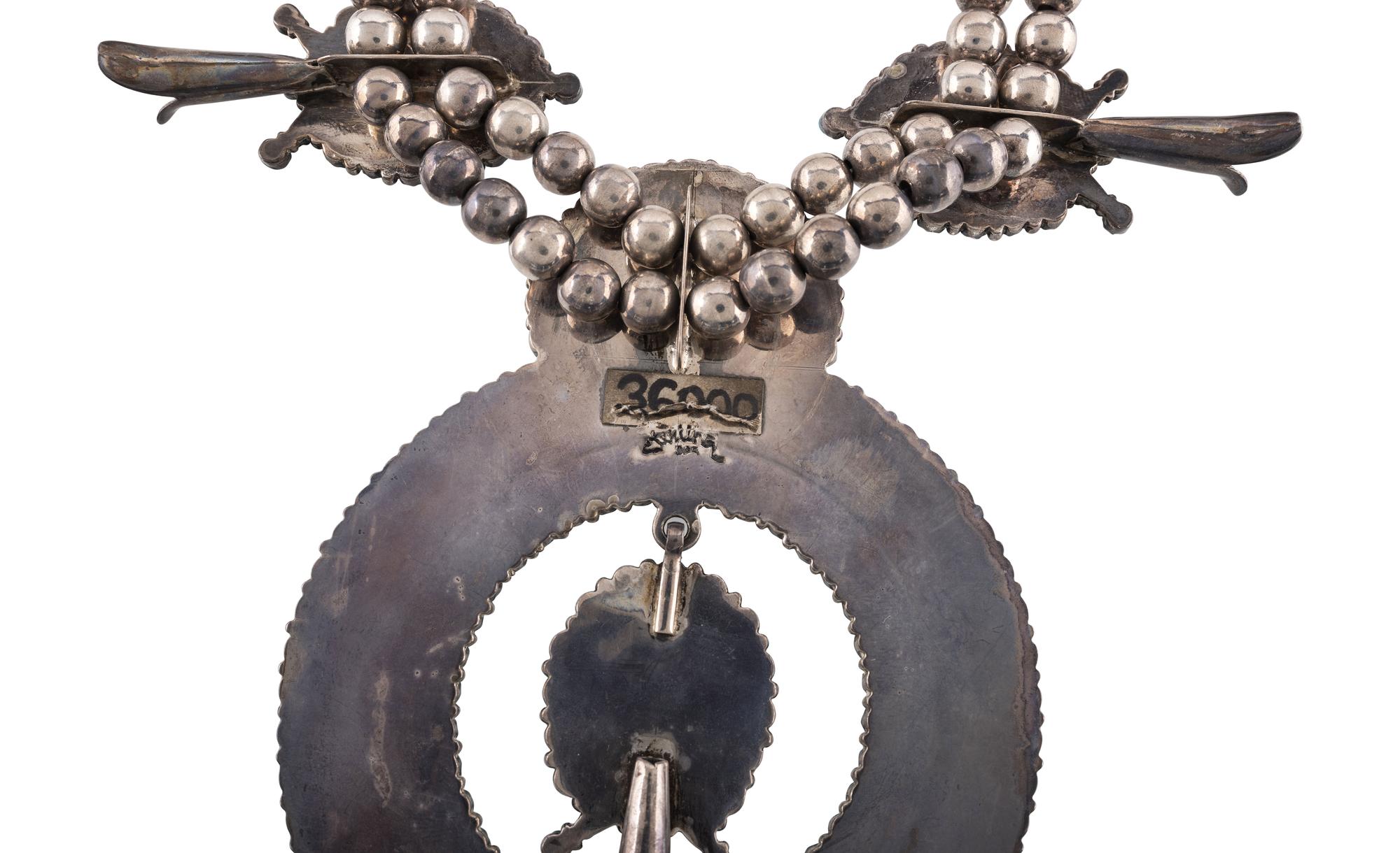 Navajo or Zuni Sterling Silver and Turquoise Cluster Squash Blossom Necklace