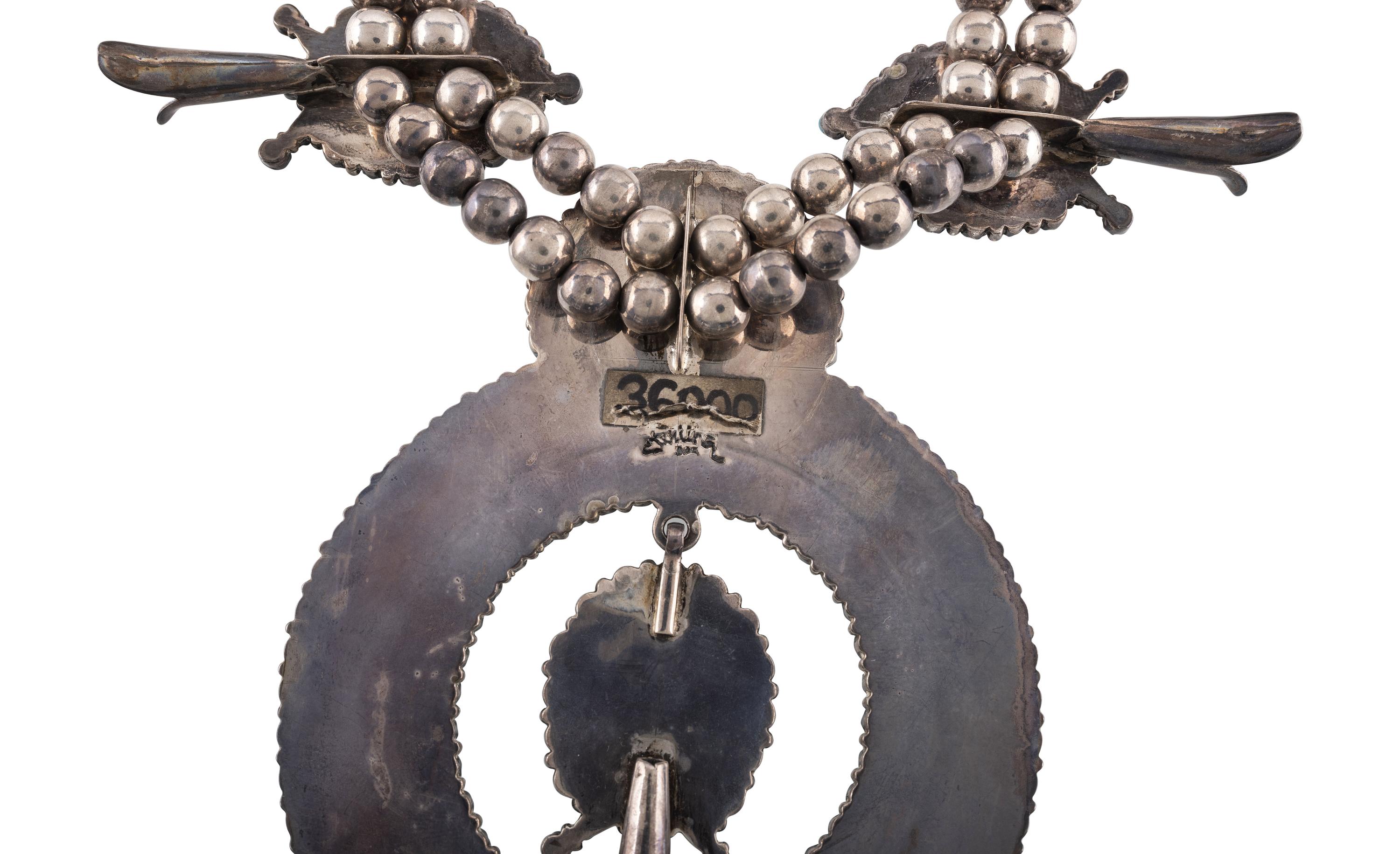 Navajo or Zuni Sterling Silver and Turquoise Cluster Squash Blossom Necklace
