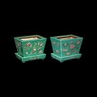 A Pair of Chinese Green Glazed and Famille Rose Porcelain Rectangular Planters, Late Qing/Republic Period 晚清/民國 綠地貼塑粉彩花卉四方花盆一對