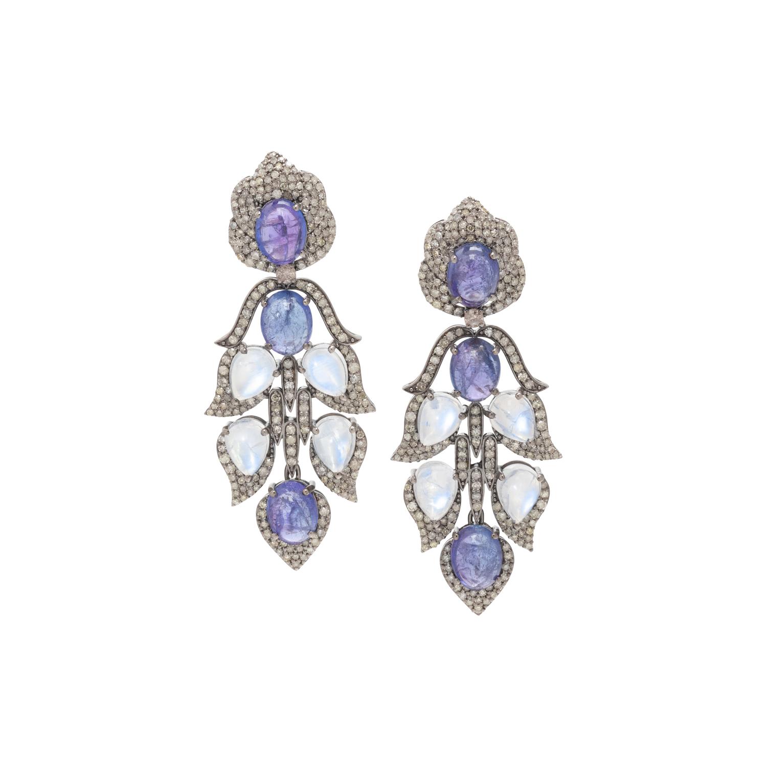 TANZANITE, MOONSTONE AND DIAMOND EARRINGS