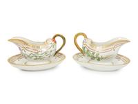 Two Royal Copenhagen Flora Danica Porcelain Sauce Boats with Affixed Underplates