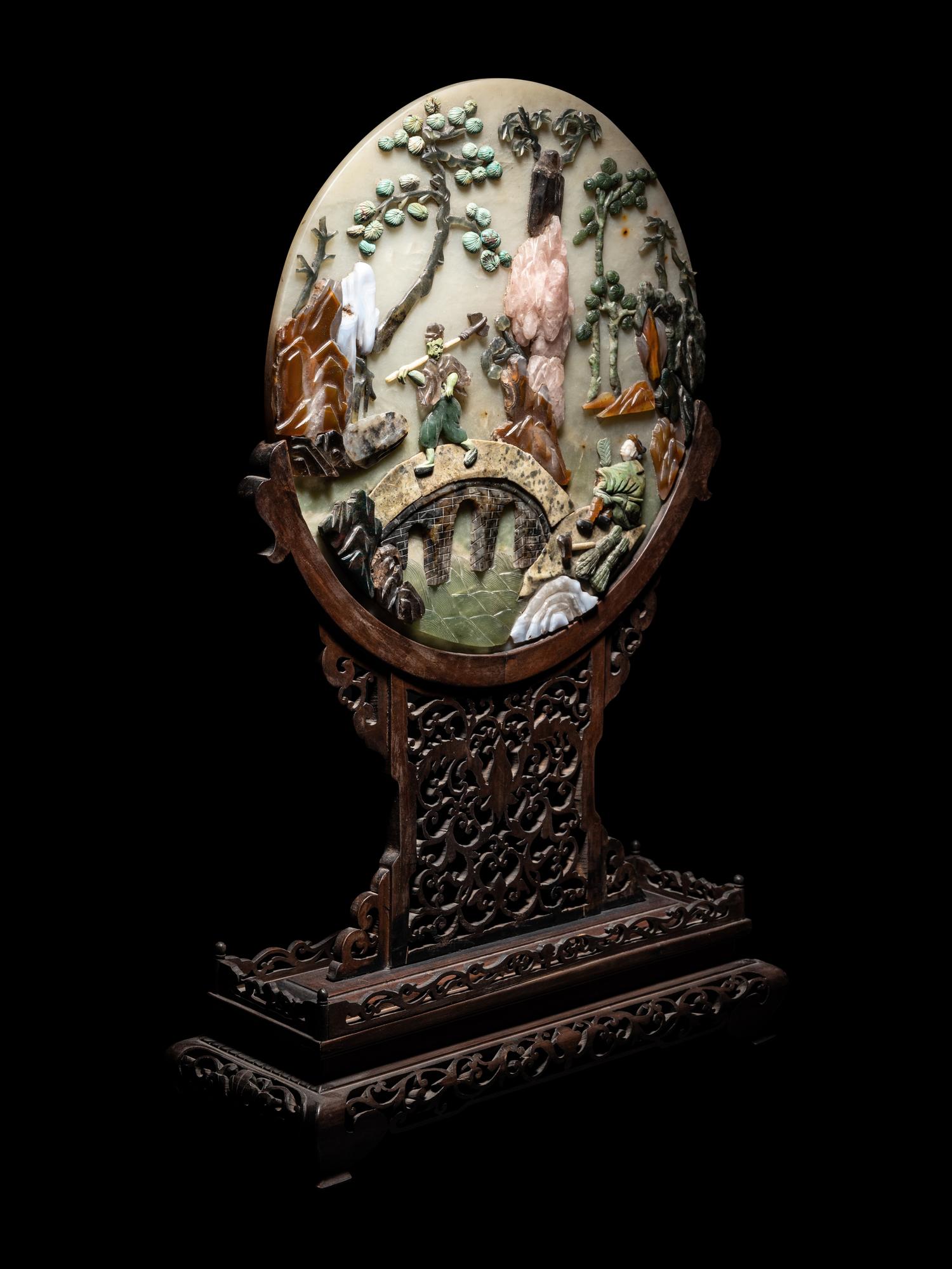 Three Chinese Hardstone Inset Serpentine Table Screens