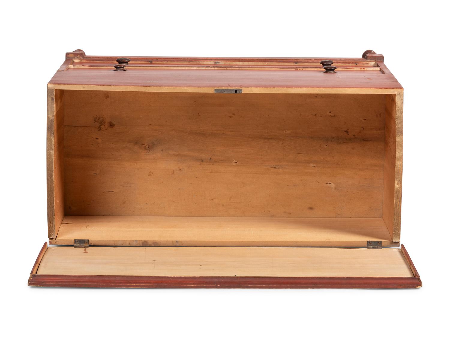 A Country Federal Red Painted Pine and Maple Two-Drawer Blanket Chest