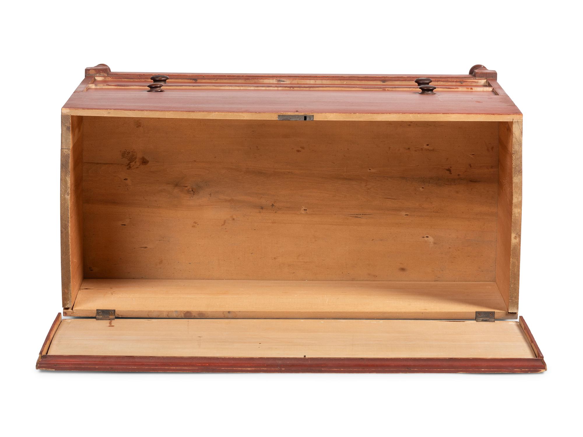 A Country Federal Red Painted Pine and Maple Two-Drawer Blanket Chest