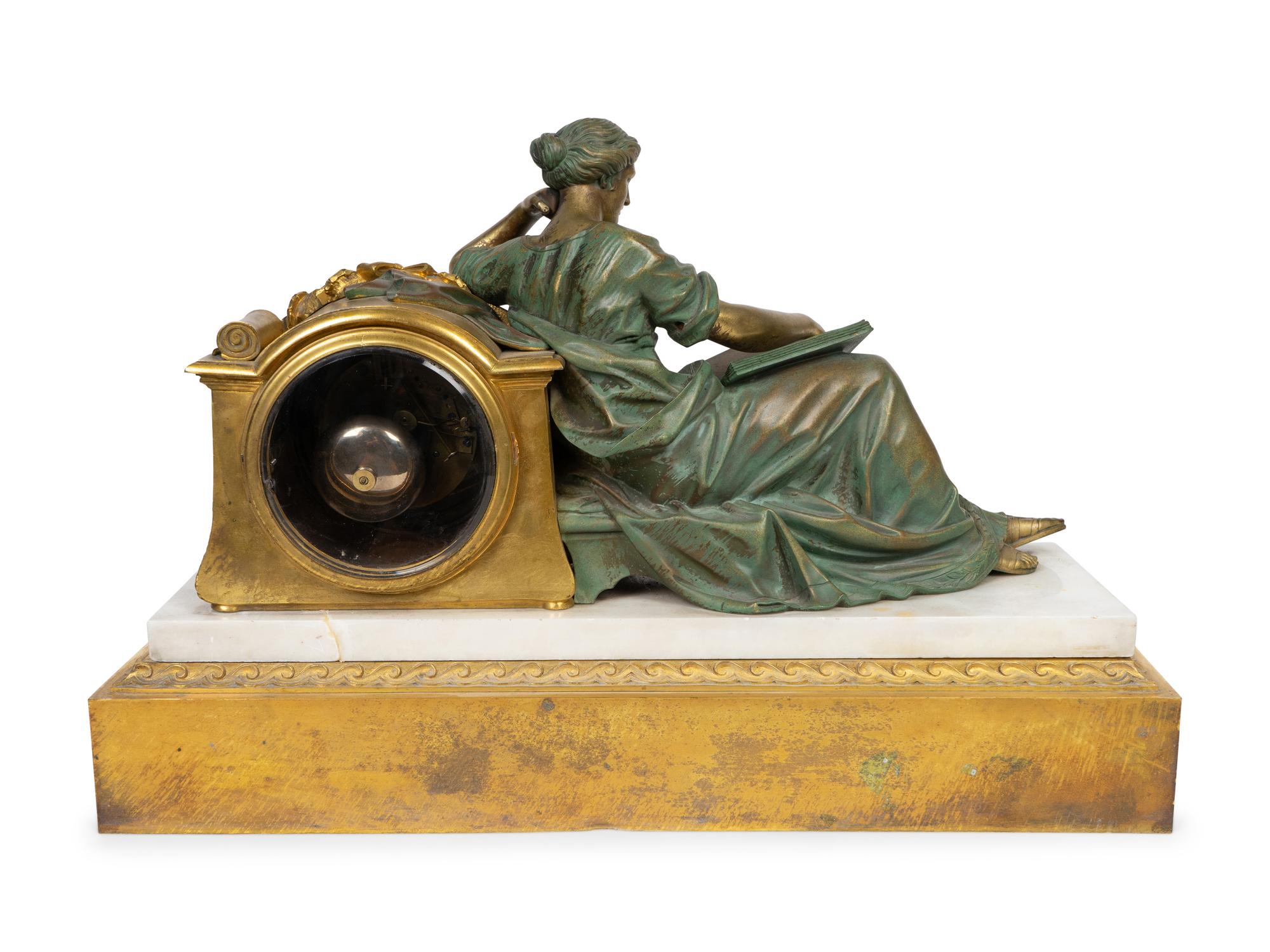 A French Empire Bronze, Gilt Bronze and Marble Figural Mantle Clock — 19TH CENTURY