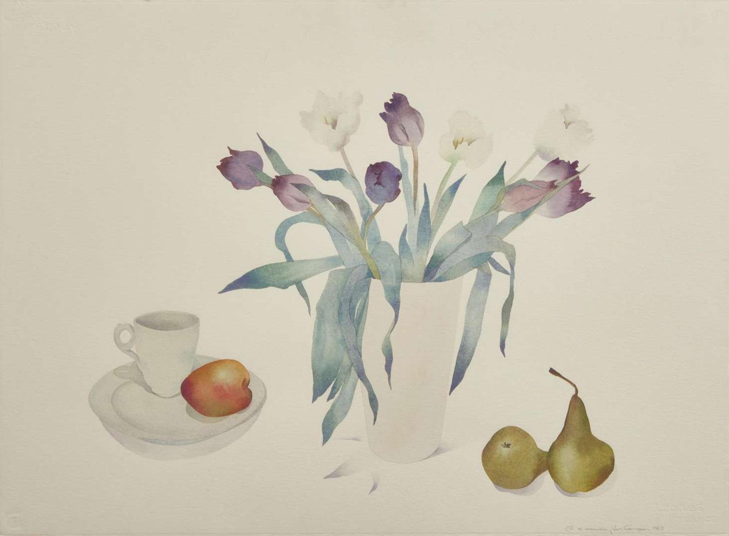 Susan Headley Van Campen (American, b. 1951), Fruit and Purple Tulips