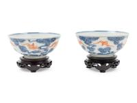 A Pair of Iron Red and Underglaze Blue Porcelain 'Bat and Cloud' Bowls