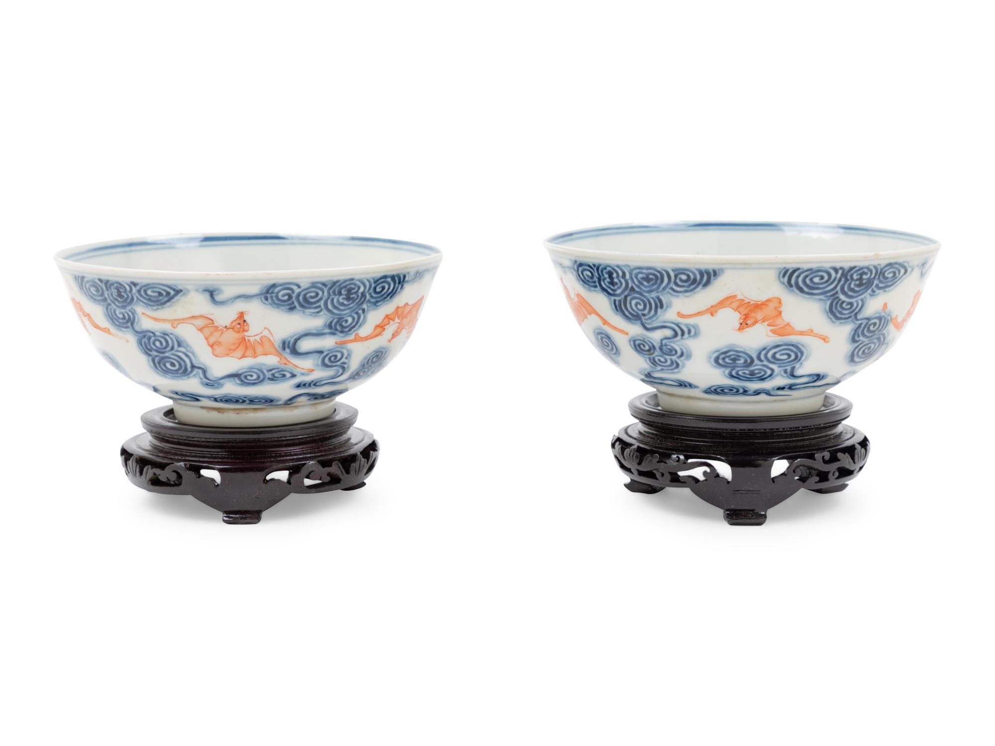A Pair of Iron Red and Underglaze Blue Porcelain 'Bat and Cloud' Bowls