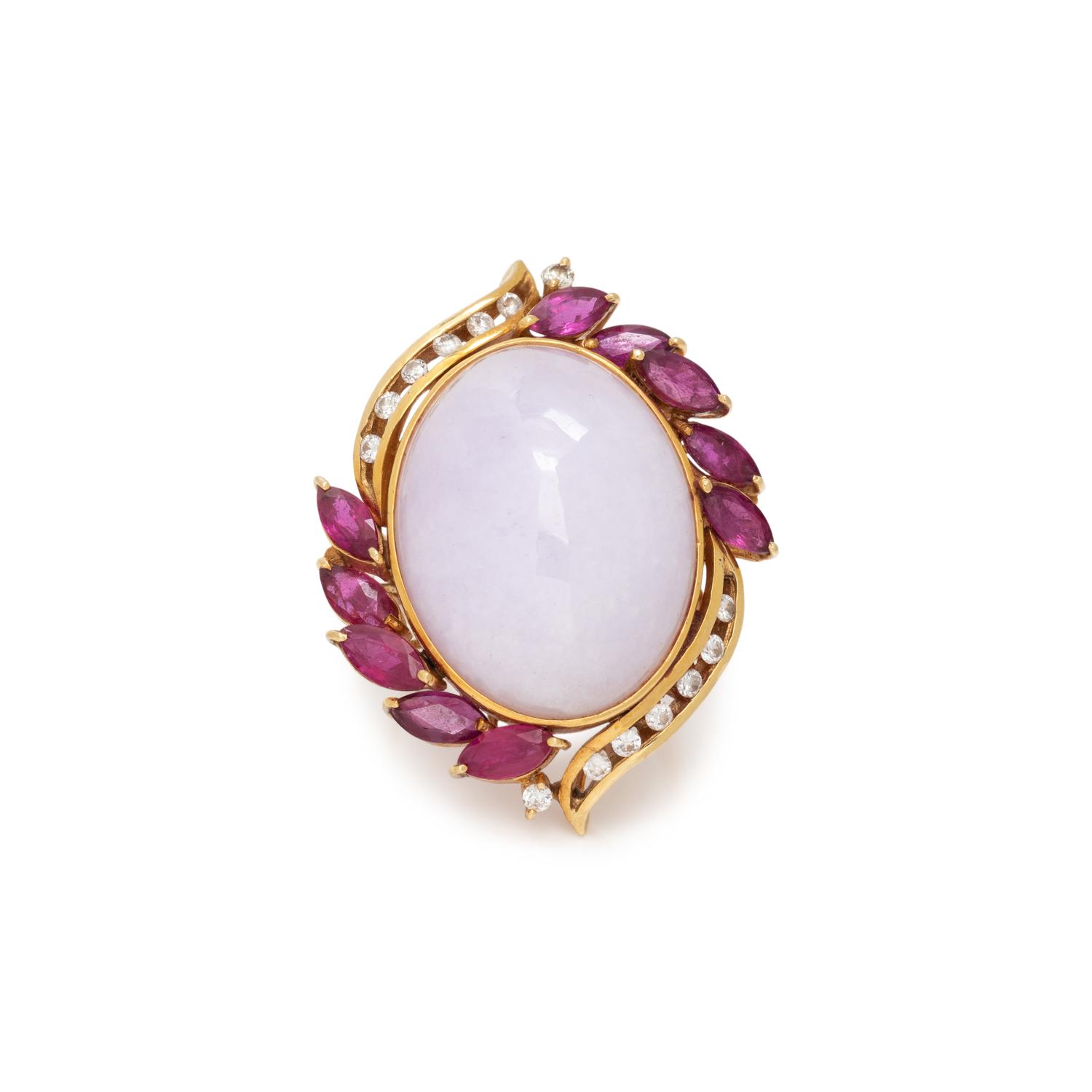 LAVENDAR JADE, RUBY AND DIAMOND RING