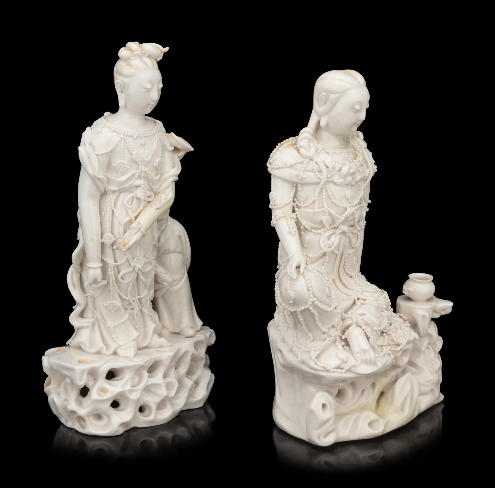 Two Chinese Blanc-de-Chine Porcelain Figures of Guanyin