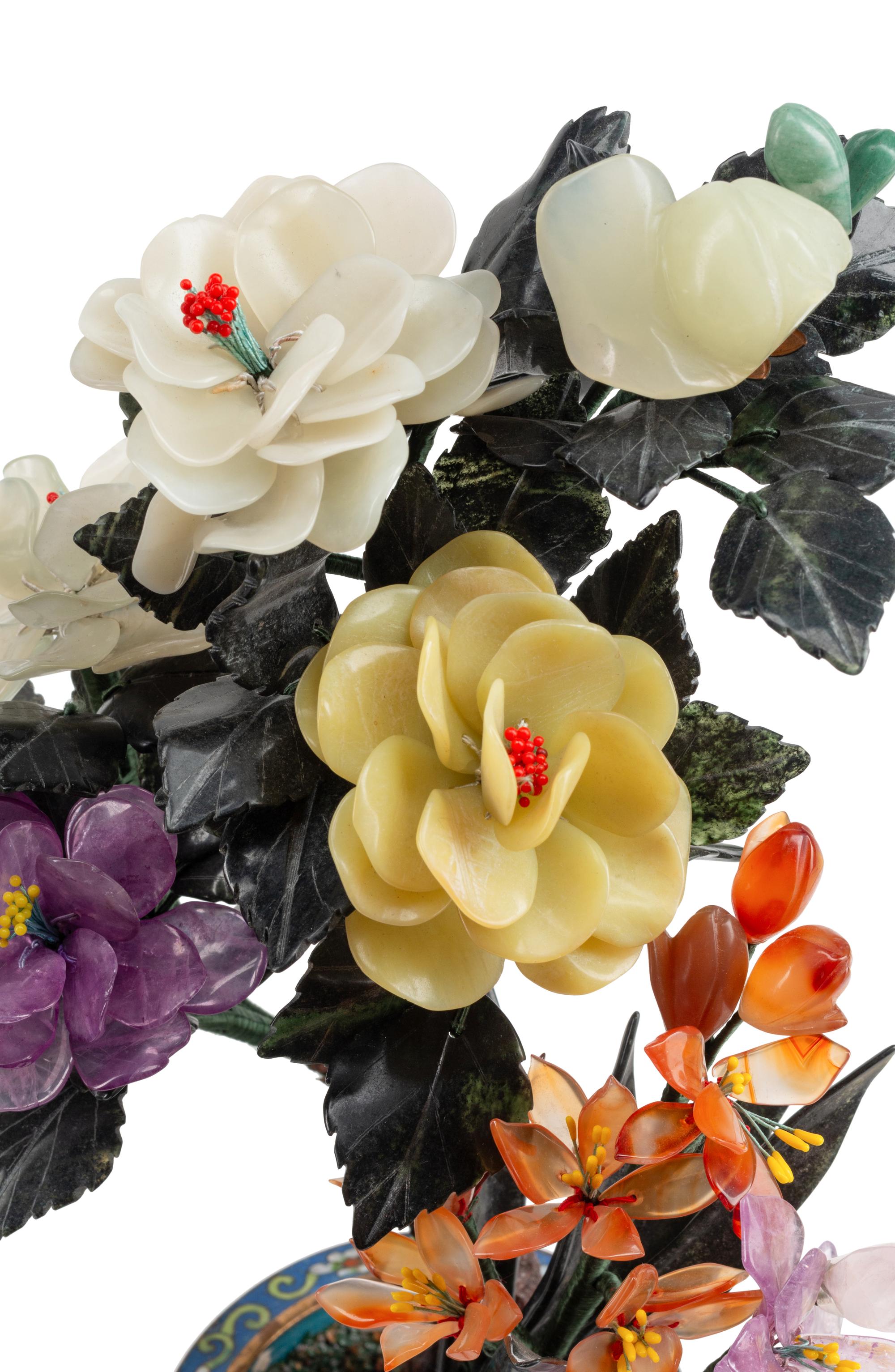 Two Pairs of Chinese Carved Hardstone Models of Flowering Trees