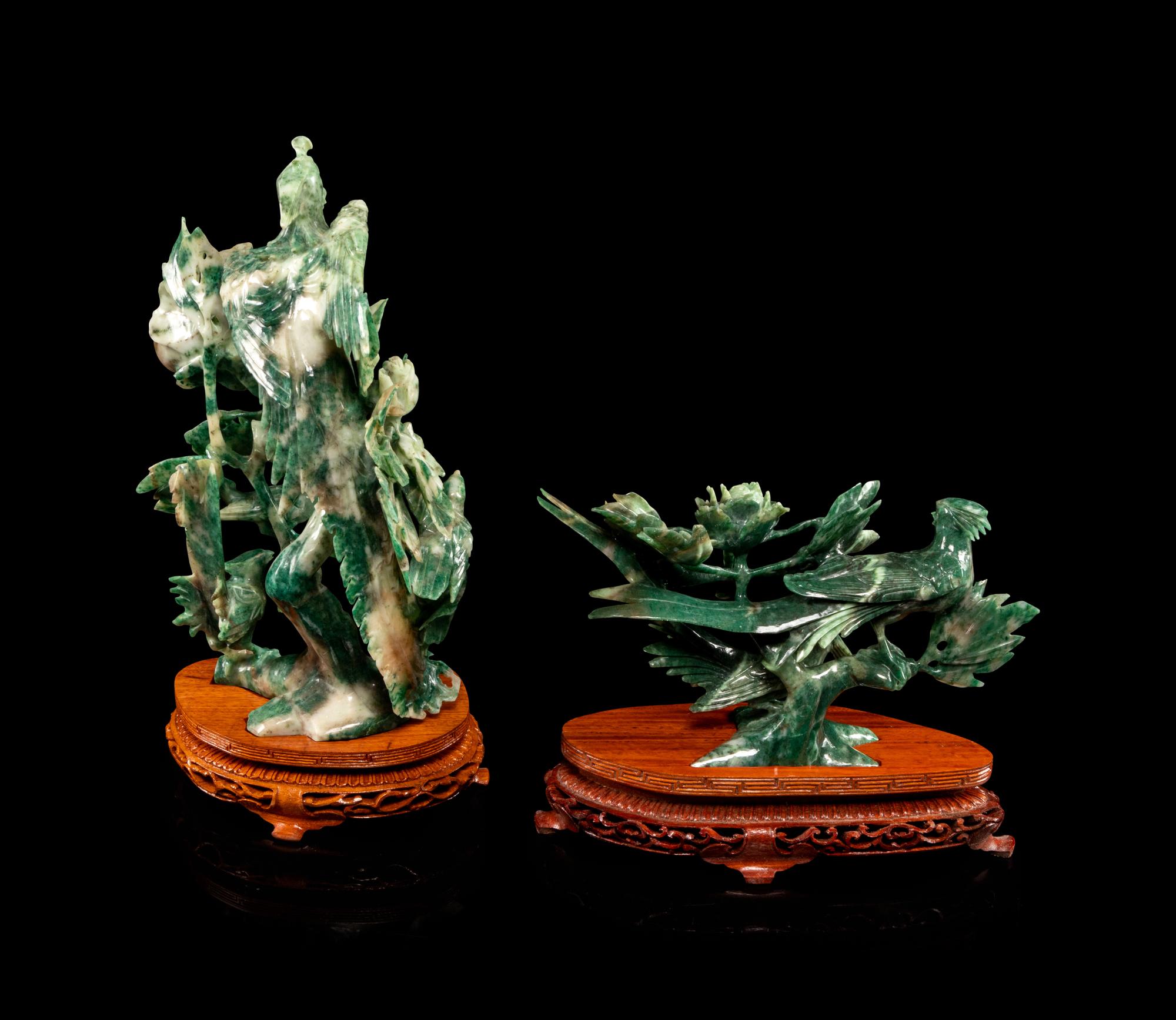 Two Chinese Spinach Jade Figural Groups of Birds