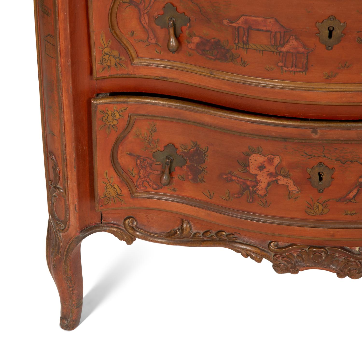 A Louis XV Style Red Japanned Marble-Top Serpentine Commode