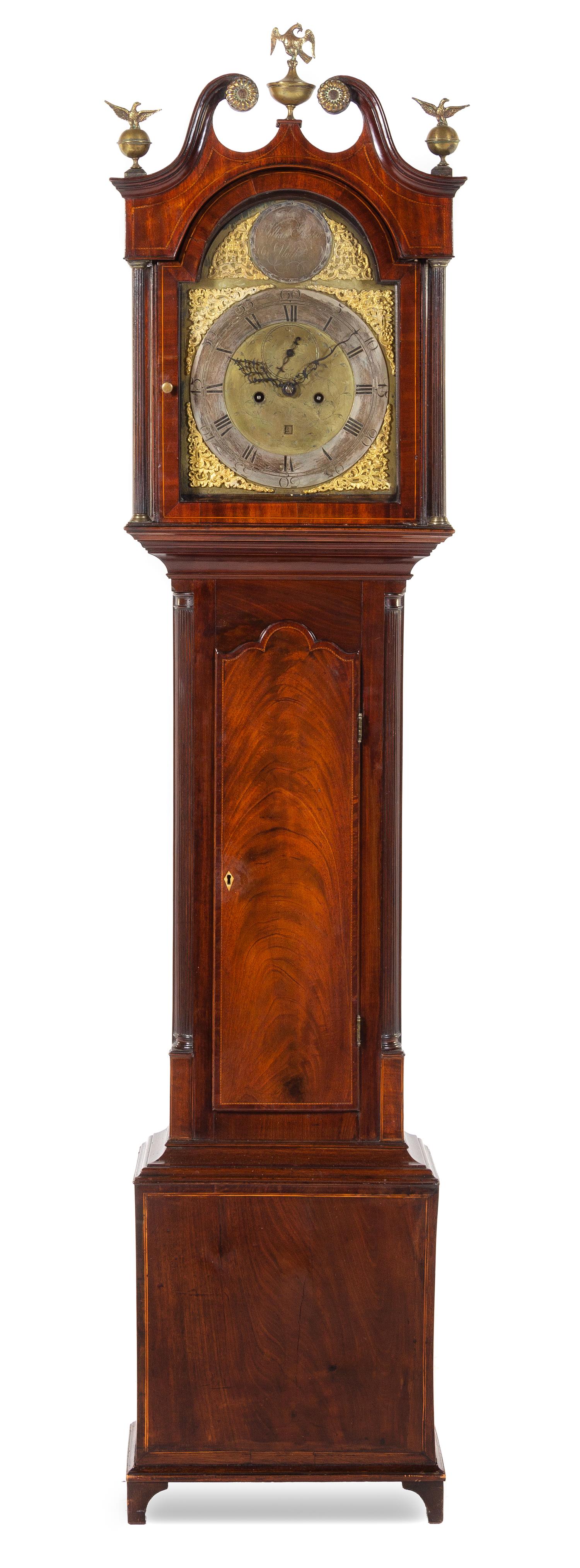 An American Mahogany Tall Case Clock Height 83 x width 18 1/8 x depth 9 inches. — WILLIAM PANTON MYTH, 19TH CENTURY