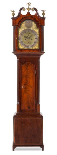 An American Mahogany Tall Case Clock Height 83 x width 18 1/8 x depth 9 inches. — WILLIAM PANTON MYTH, 19TH CENTURY