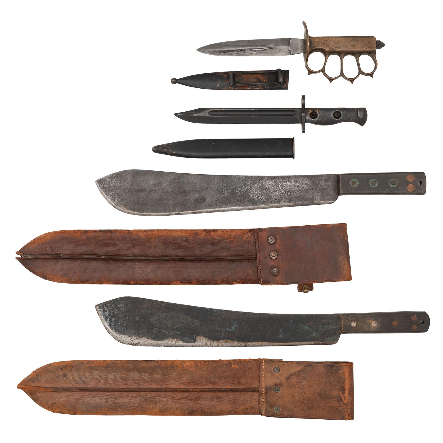 Lot of 20th Century Military Edged Weapons Including: Composite L.F. & C. Trench Knife, British L1A3 Bayonet, British Machetes