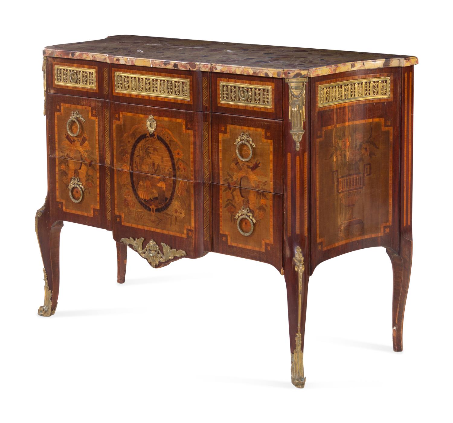 A Louis XV/XVI Transitional Style Gilt Bronze Mounted Sans Traverse Marquetry and Marble-Top Commode