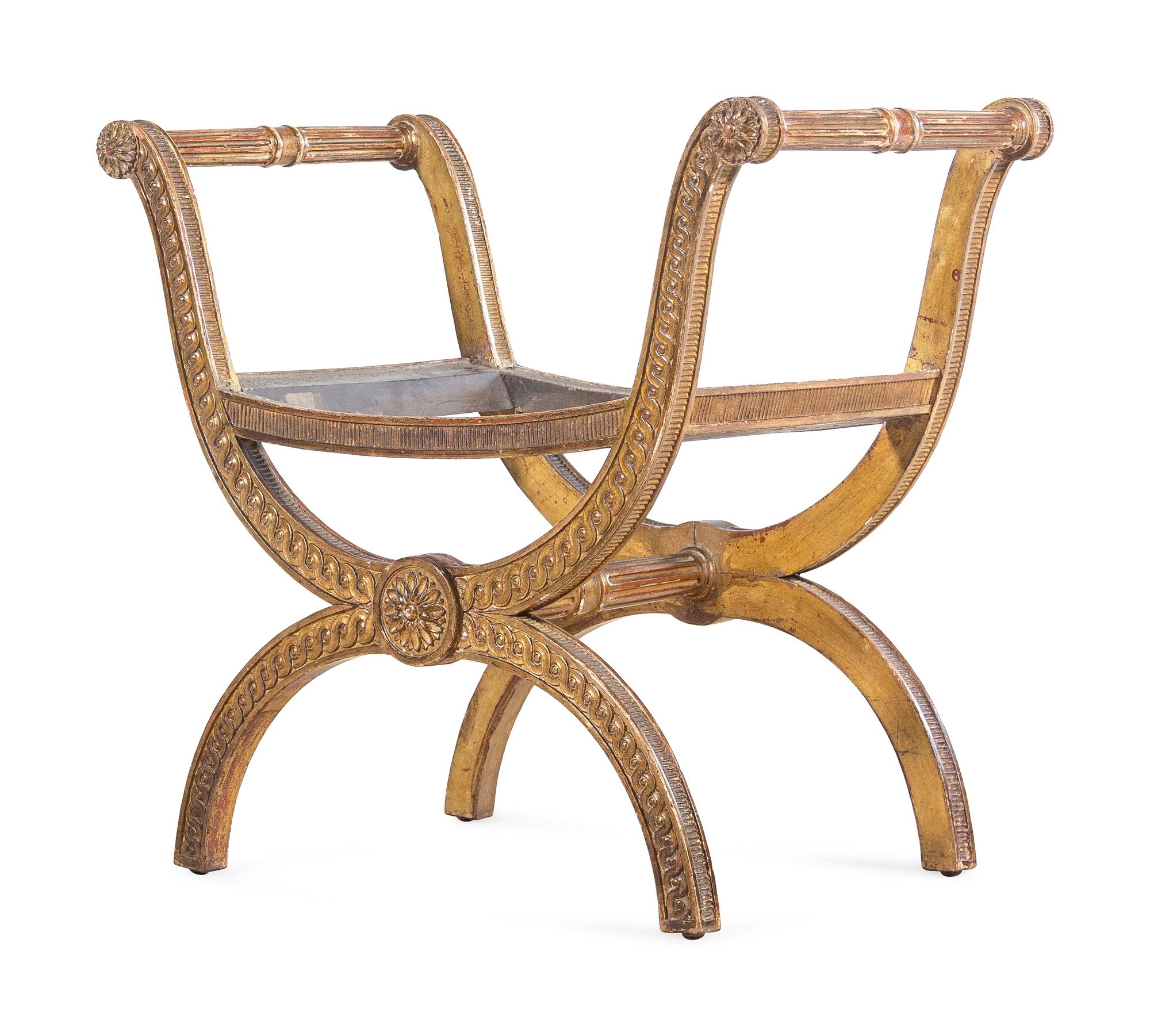 A Louis XVI Style Carved Giltwood Curule Bench