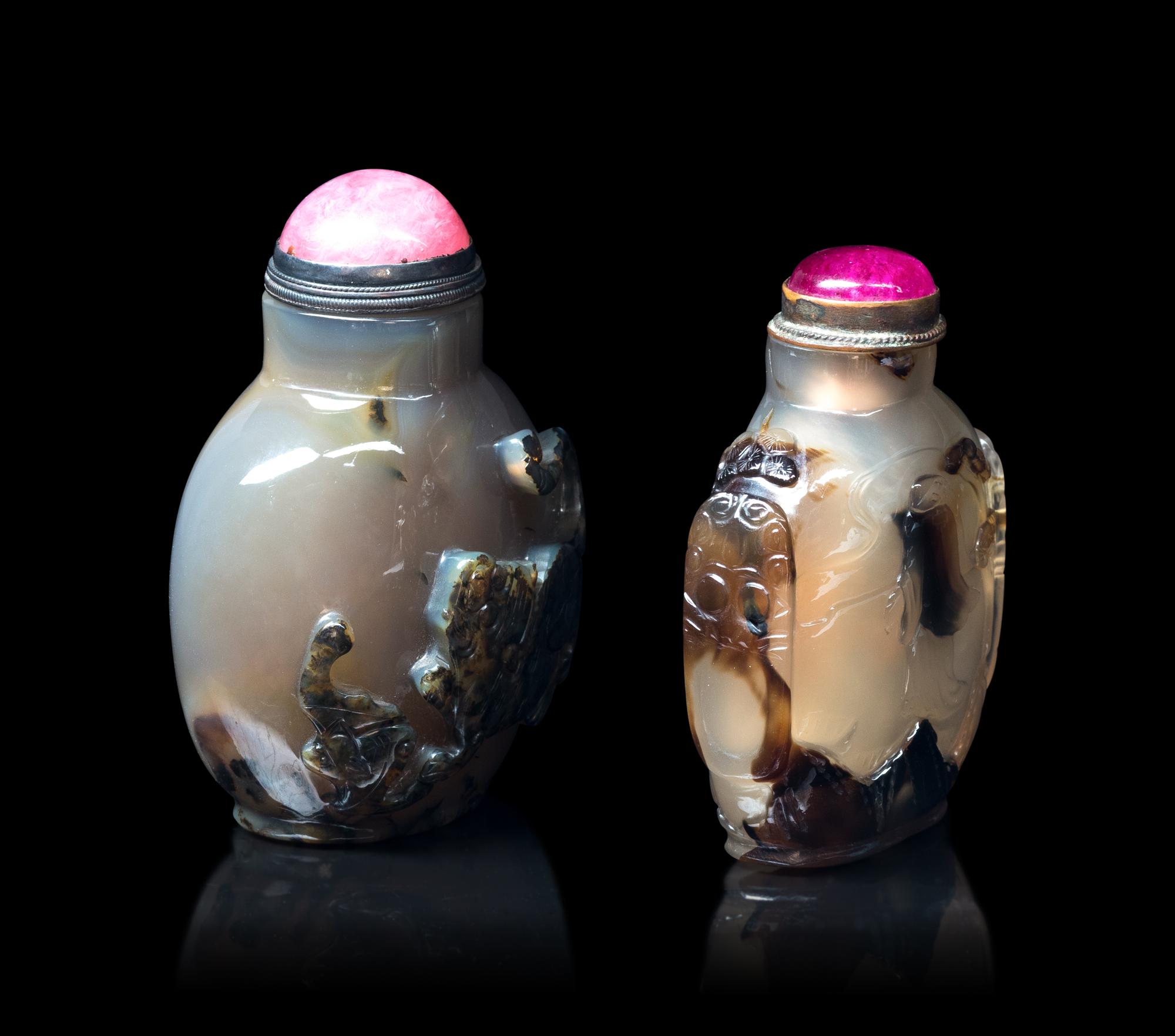 Two Carved Silhouette Agate Snuff Bottles