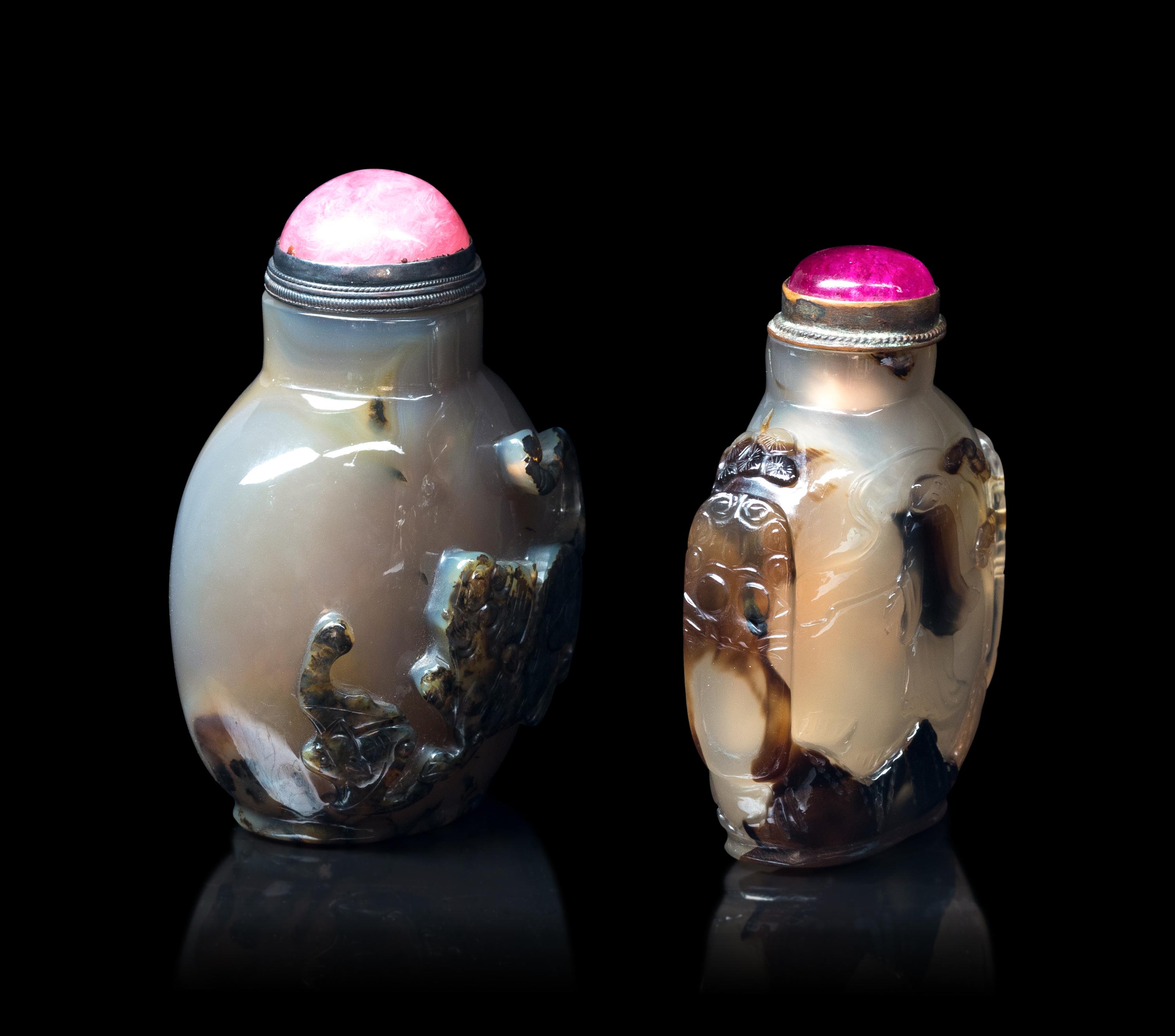Two Carved Silhouette Agate Snuff Bottles