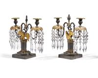 A Pair of George III Patinated and Gilt-Bronze Eagle-Decorated Two-Light Girandoles