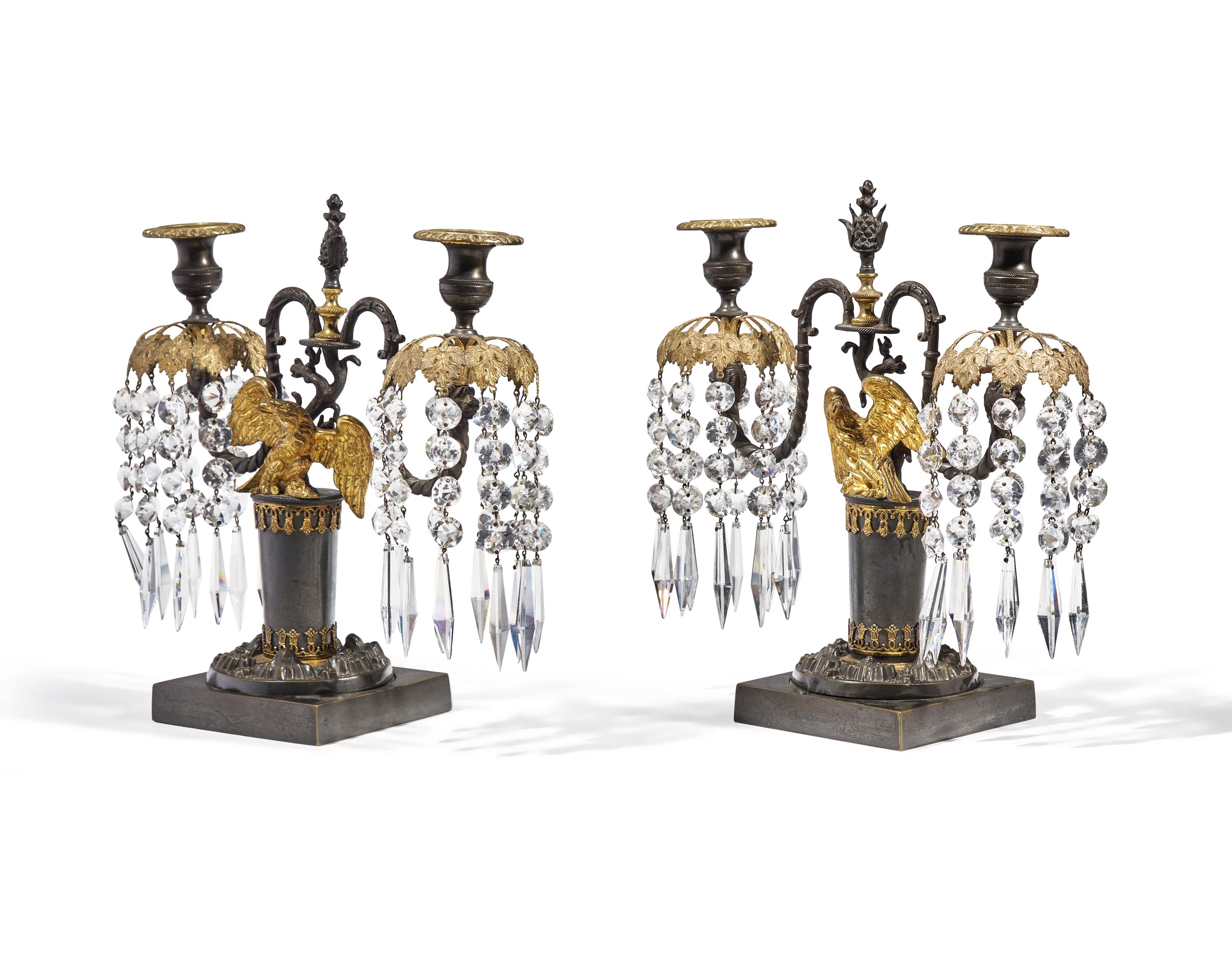 A Pair of George III Patinated and Gilt-Bronze Eagle-Decorated Two-Light Girandoles