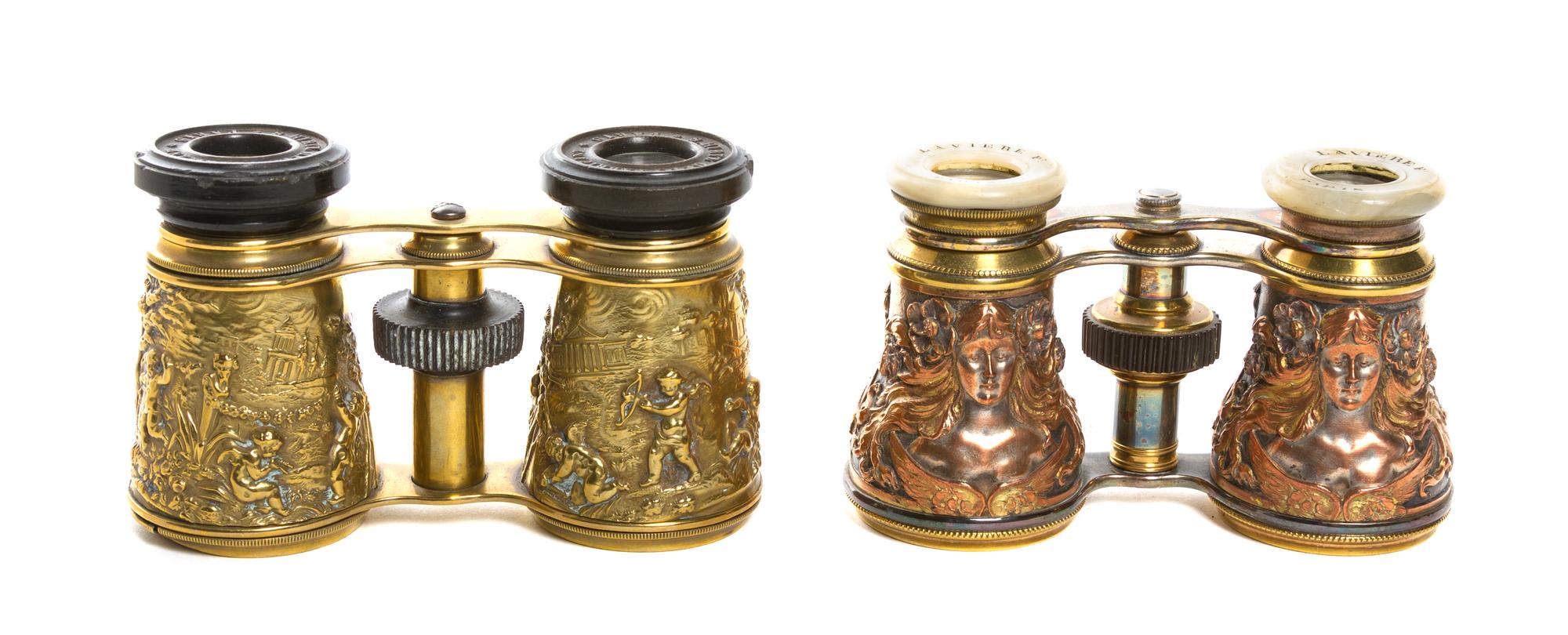 Two Pairs of French Metal Opera Glasses, Width of first 4 1/4 inches.