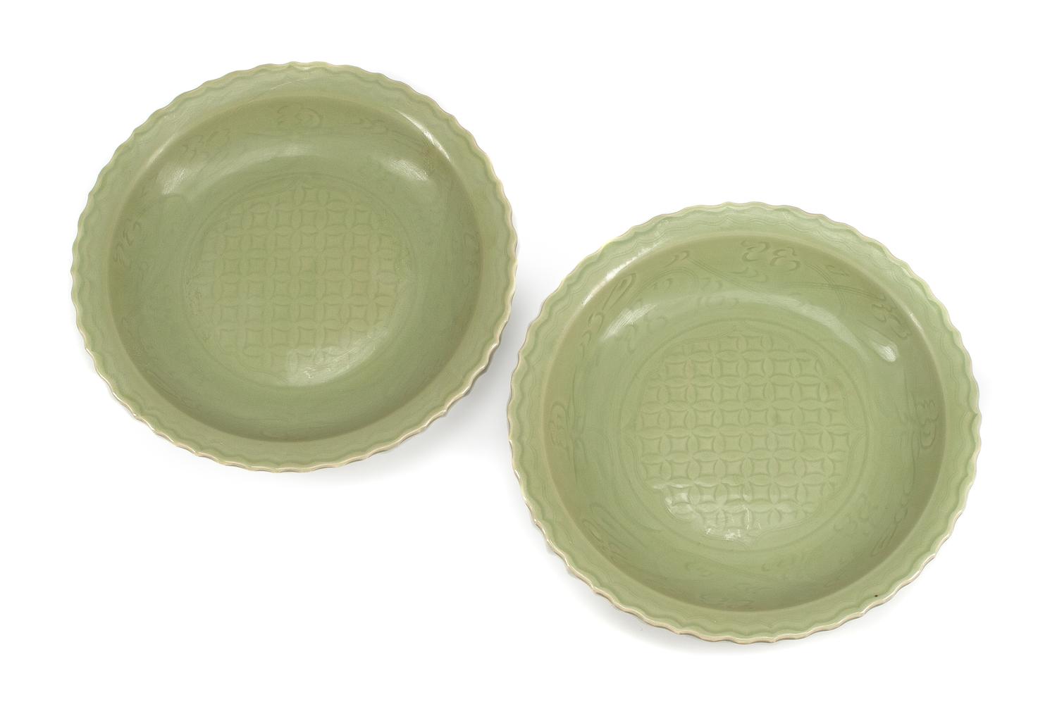 A Pair of Chinese Celadon Porcelain Chargers Diameter 15 1/2 inches.
