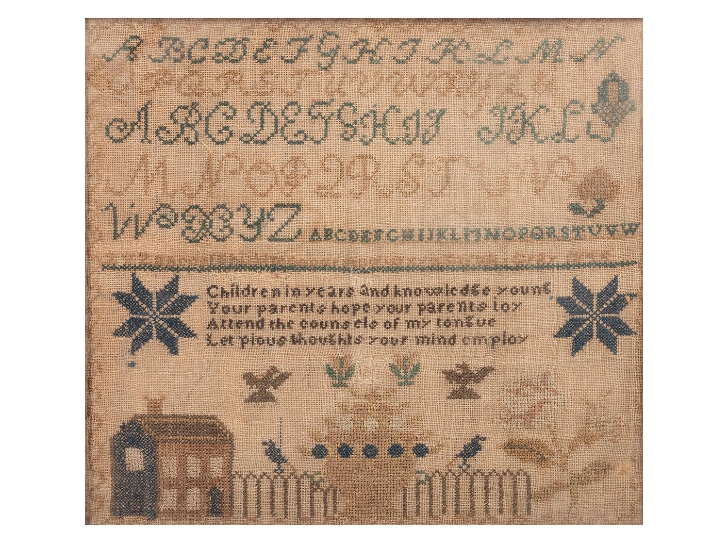 A Needlework Embroidered Schoolgirl's Sampler, Wrought by Sarah Gray