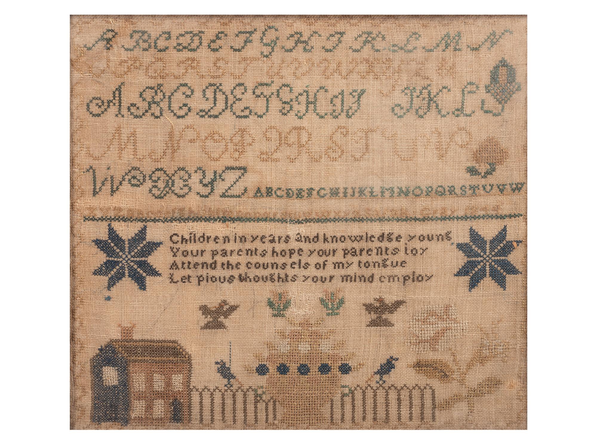A Needlework Embroidered Schoolgirl's Sampler, Wrought by Sarah Gray