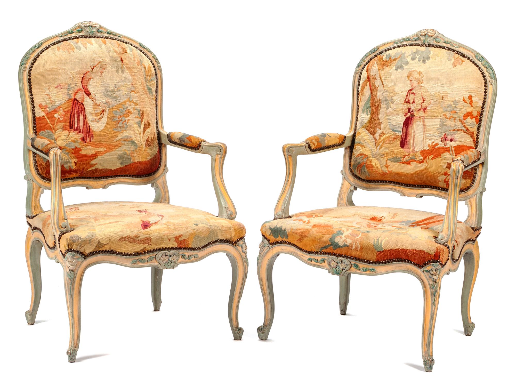 A Pair of Italian Carved and Painted Fauteuils