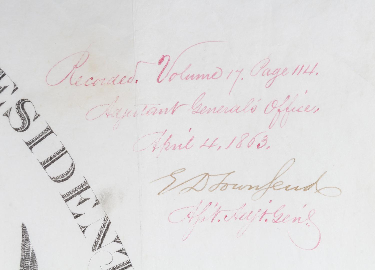 LINCOLN, ABRAHAM. Partially printed document signed. Dated April 4, 1863.