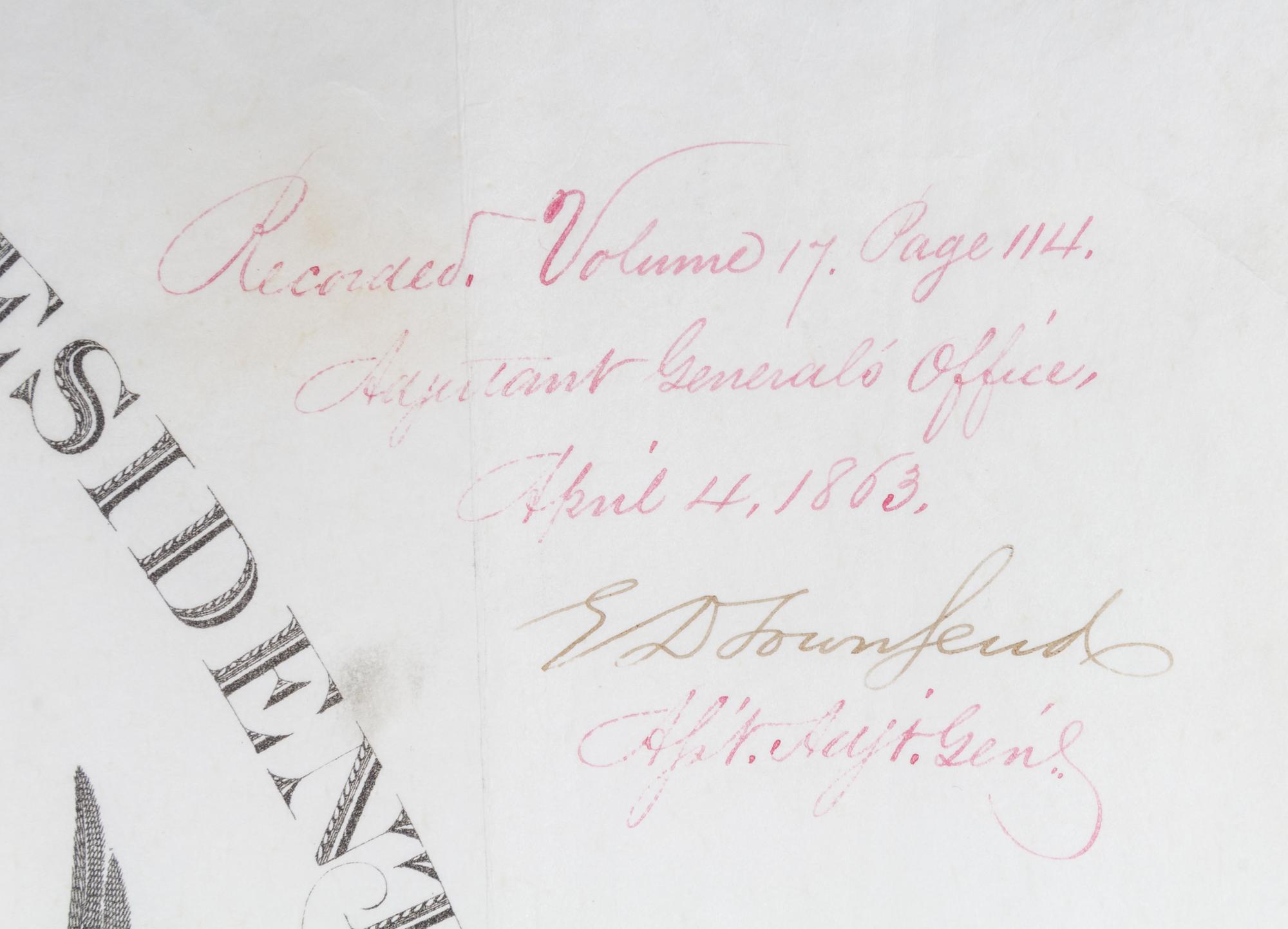 LINCOLN, ABRAHAM. Partially printed document signed. Dated April 4, 1863.