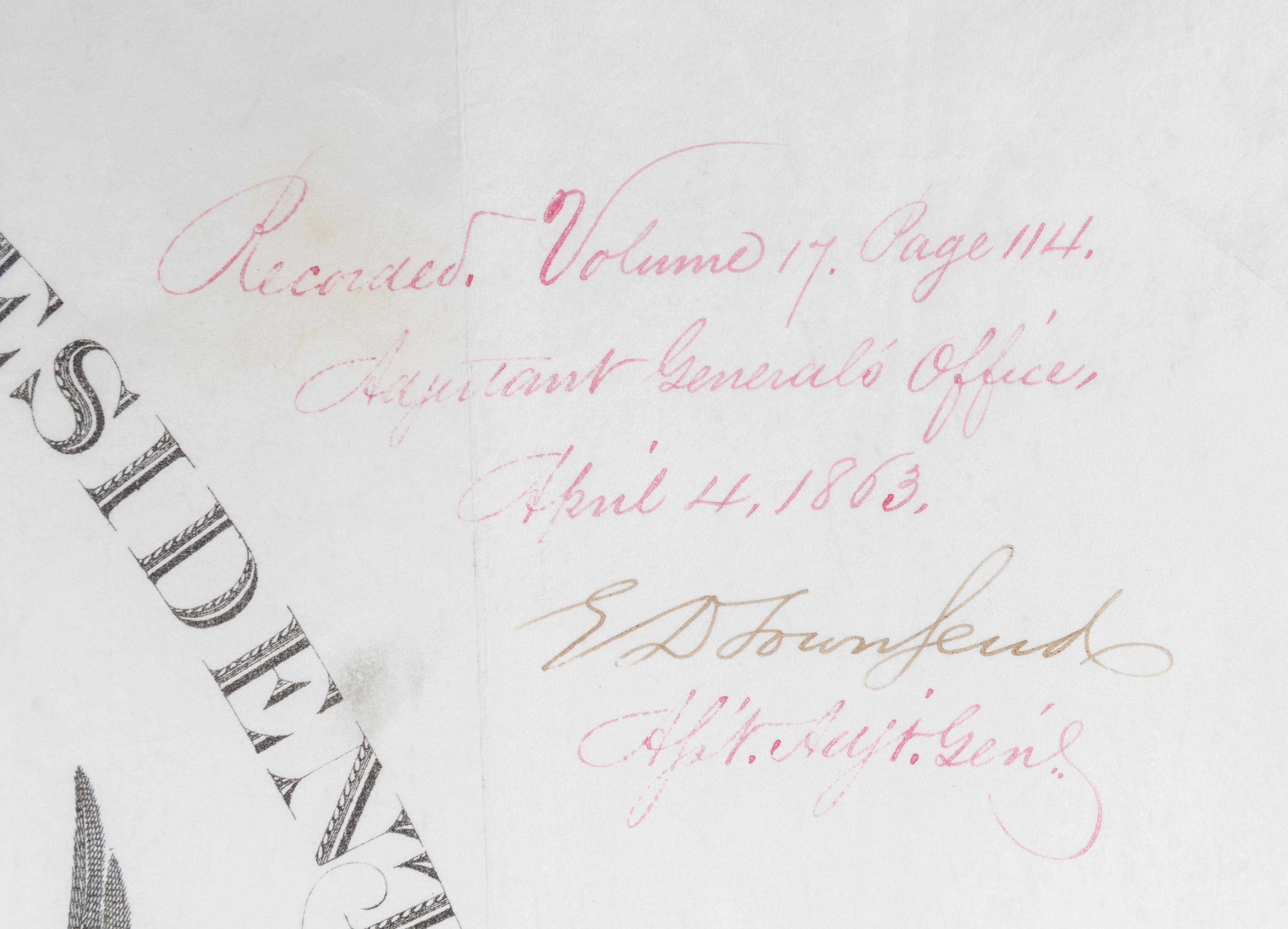 LINCOLN, ABRAHAM. Partially printed document signed. Dated April 4, 1863.