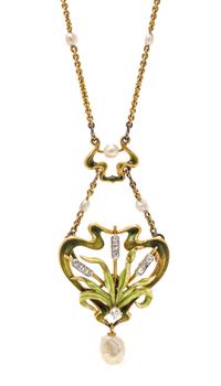 An Art Nouveau Yellow Gold, Pearl, Diamond and Enamel Convertible Lavalier Necklace, Bippart, Griscom & Osborn, 7.40 dwts.