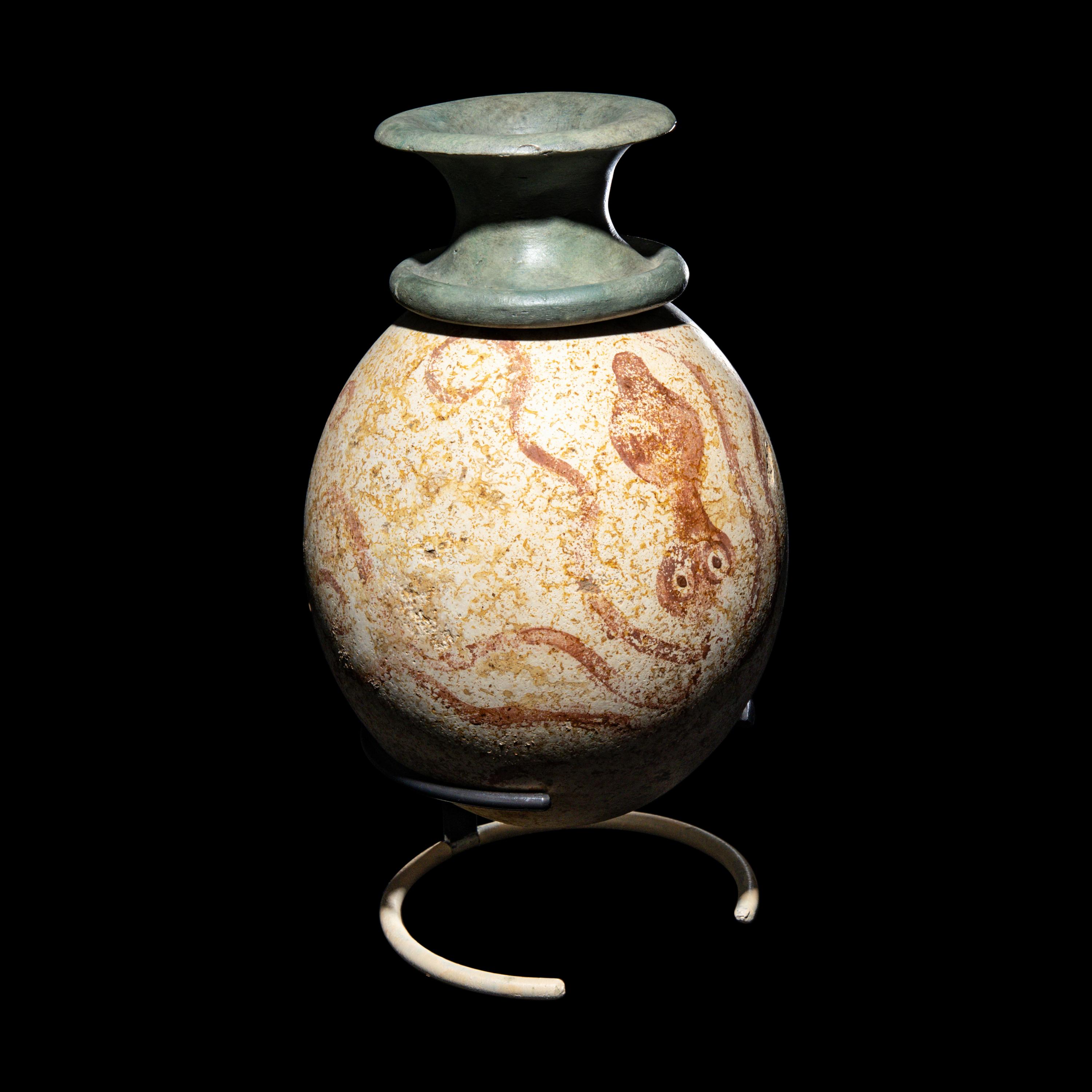 A Minoan or Mycenaean Painted Ostrich Egg Rhyton