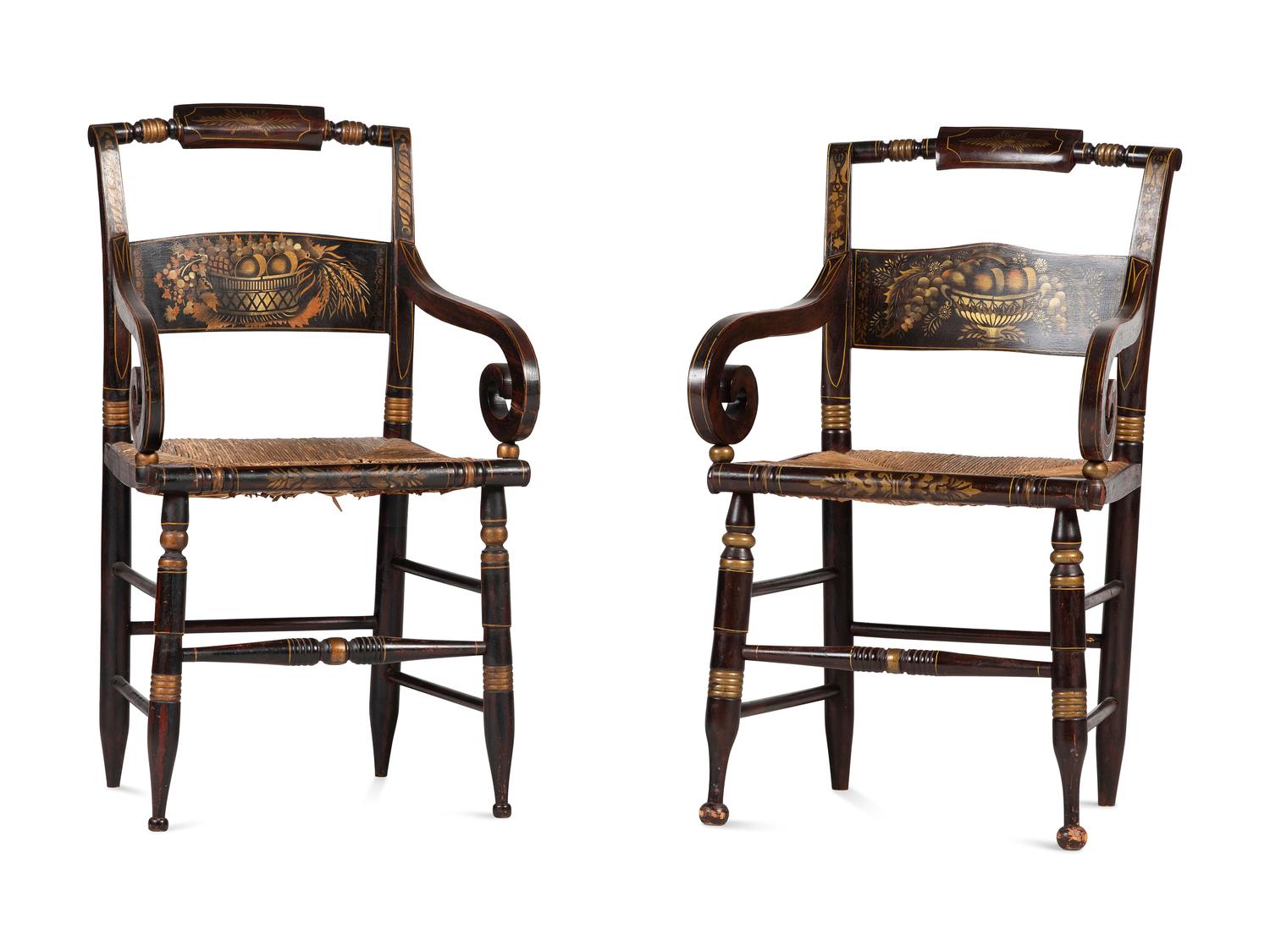 A Matched Pair of Classical Grain-Painted and Gilt Stencil-Decorated Hitchcock Rush-Seat Armchairs