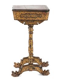 A Chinese Export Gilt and Black Lacquered Sewing Table