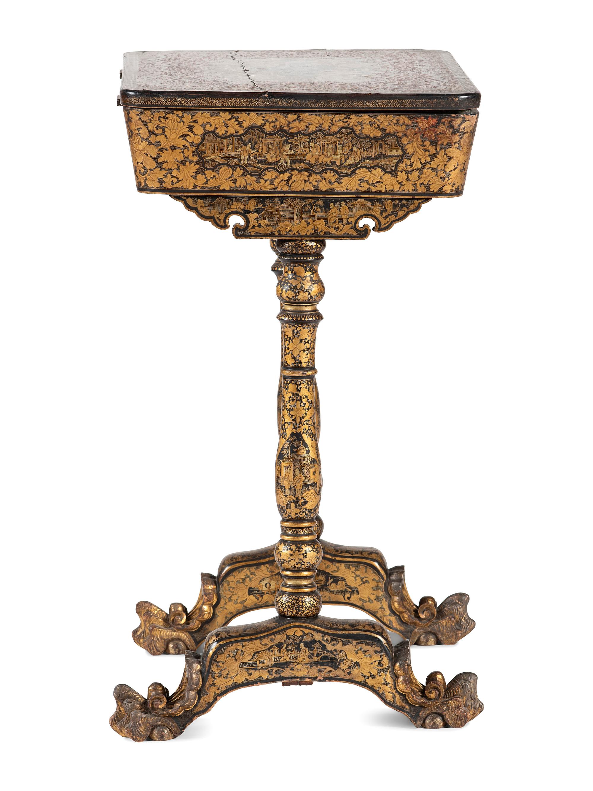 A Chinese Export Gilt and Black Lacquered Sewing Table