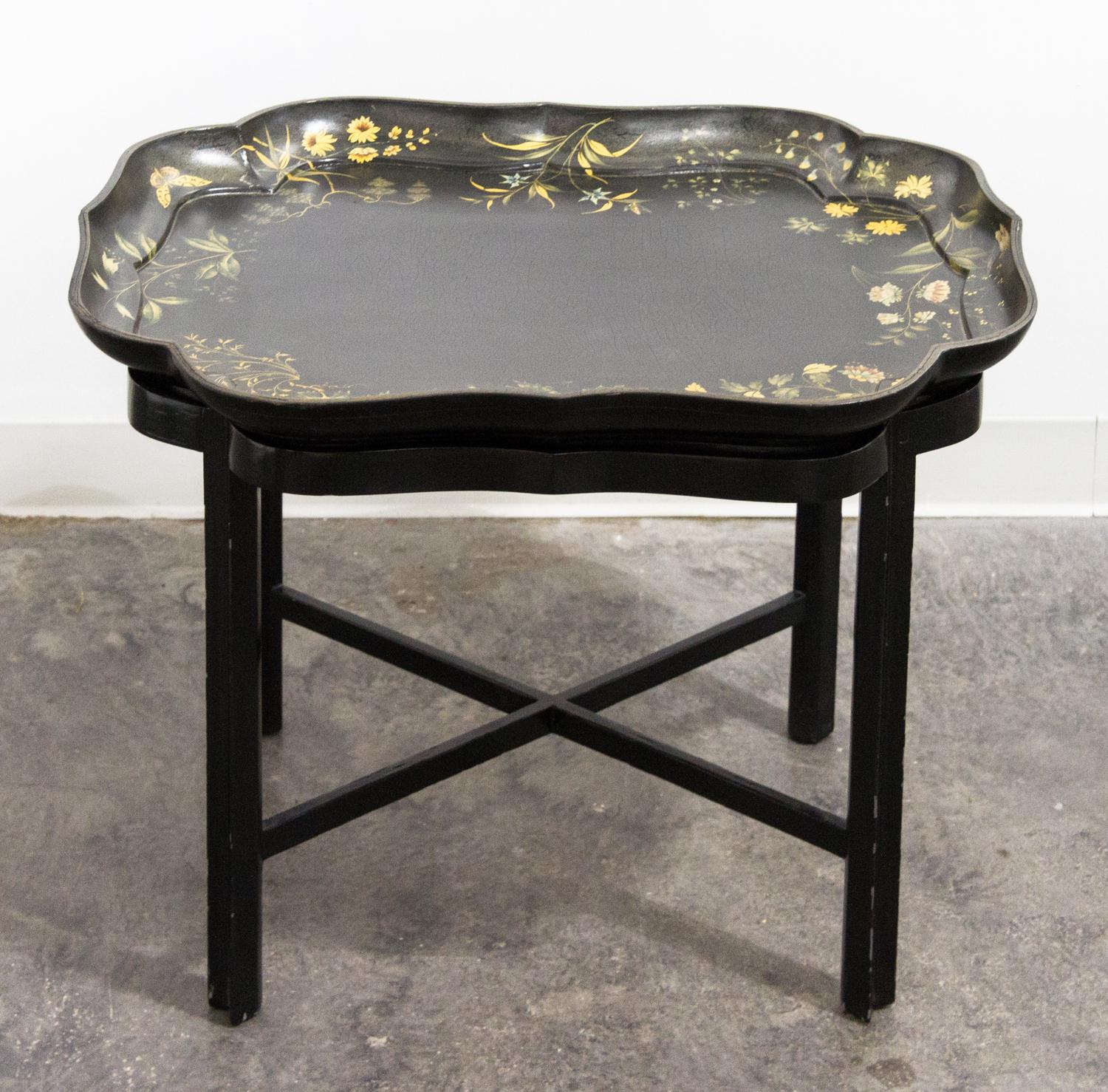 A Victorian Lacquered Wood Tray Height overall 21 1/2 x width 28 3/4 x depth 22 inches.