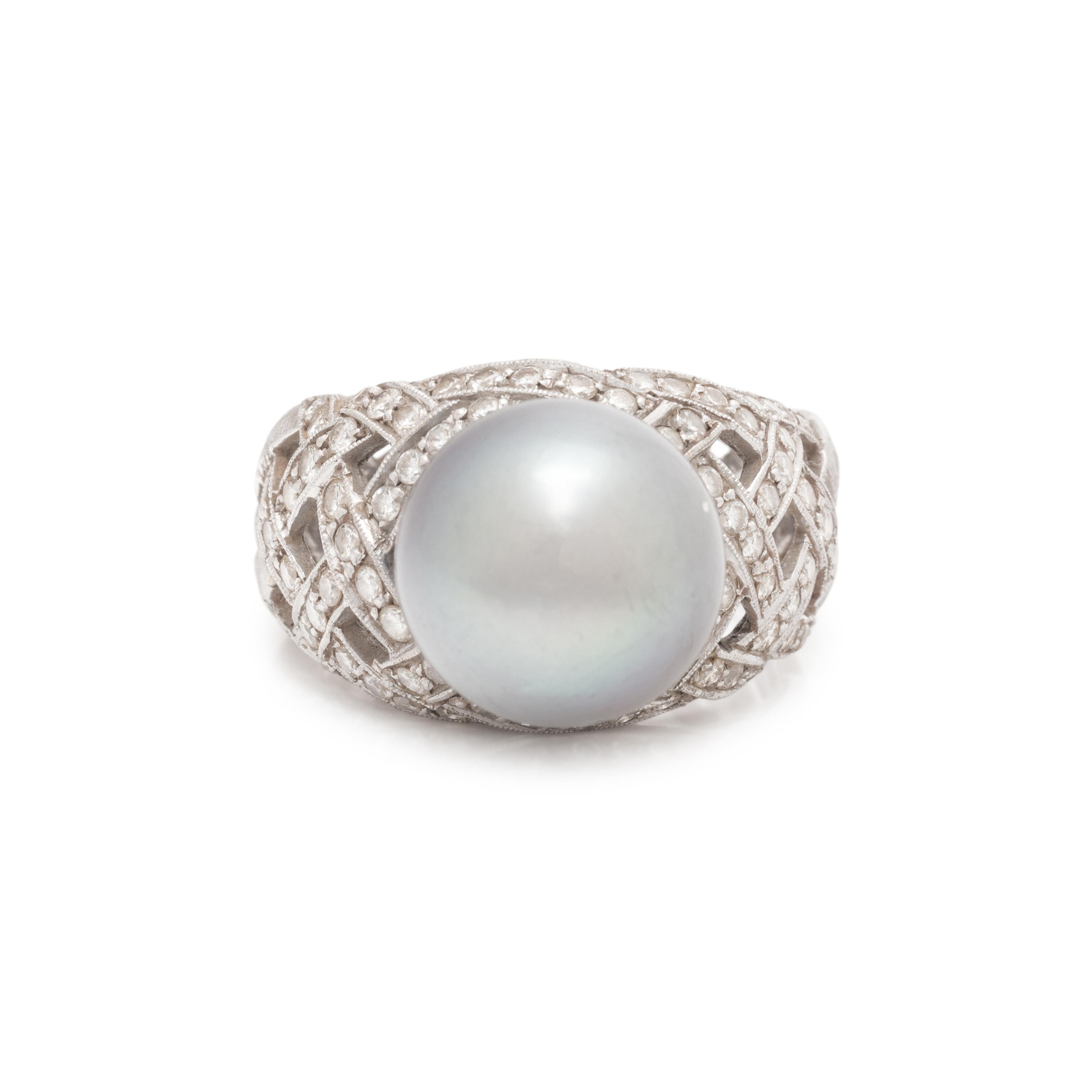 BUCCELLATI, CULTURED TAHITIAN PEARL AND DIAMOND RING