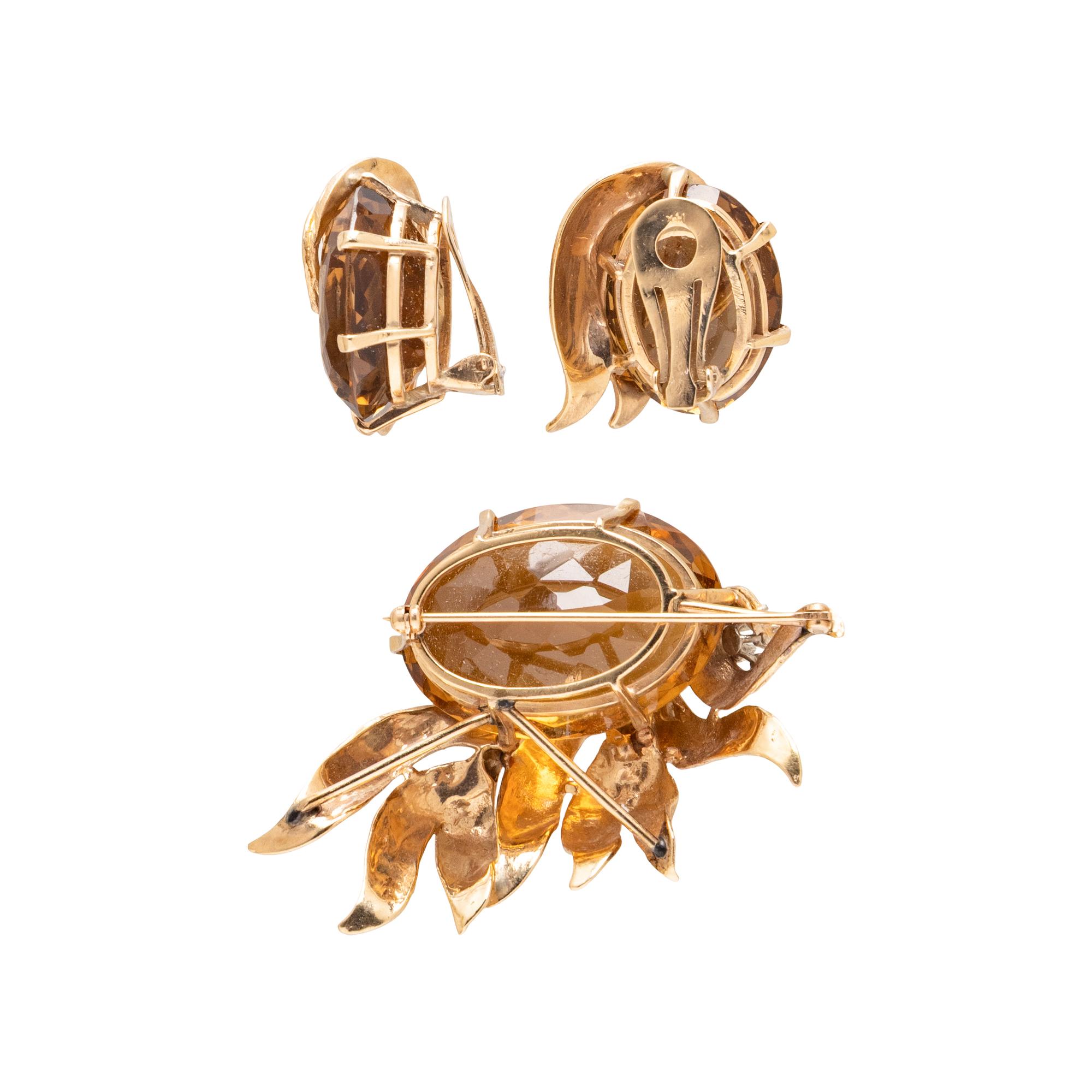 CITRINE AND YELLOW GOLD EARRINGS AND BROOCH